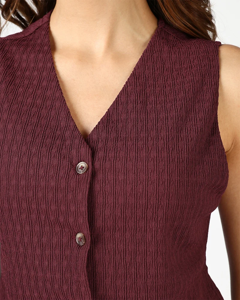 bewakoof Women's Tawny Port Maroon Textured Short Top